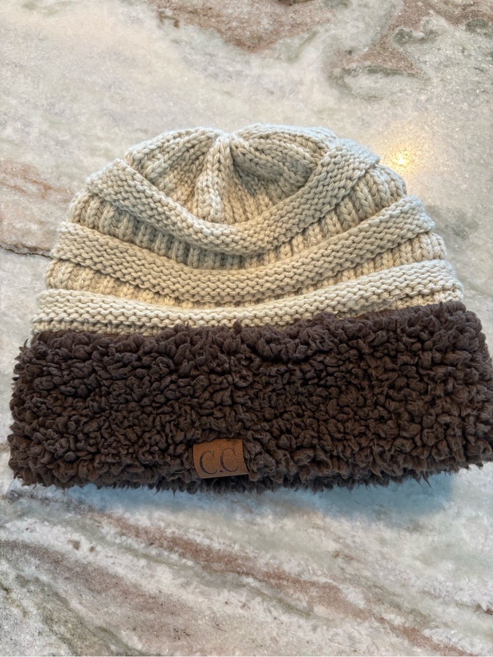 C.C Two-Tone Knit Beanie - Tan and Brown